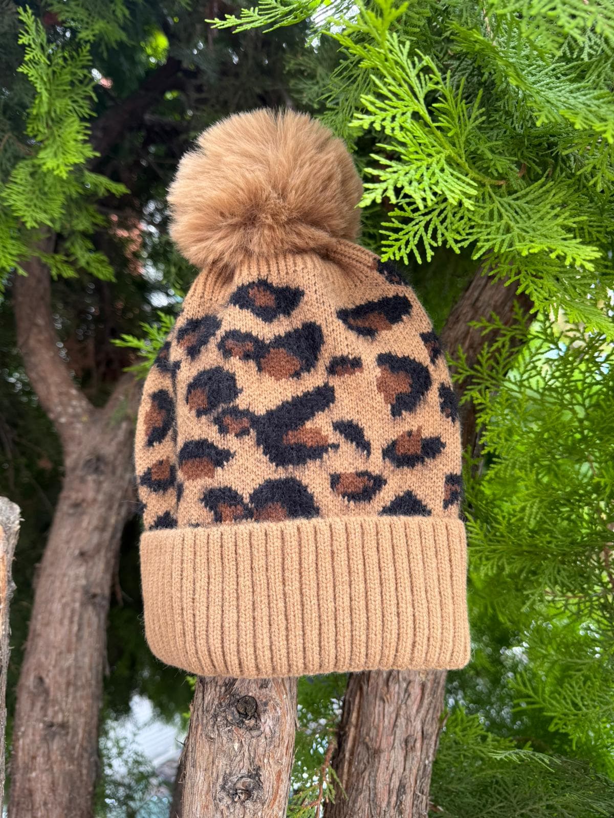14454 Leopar Desenli Camel Triko Örgülü Bere görsel 3