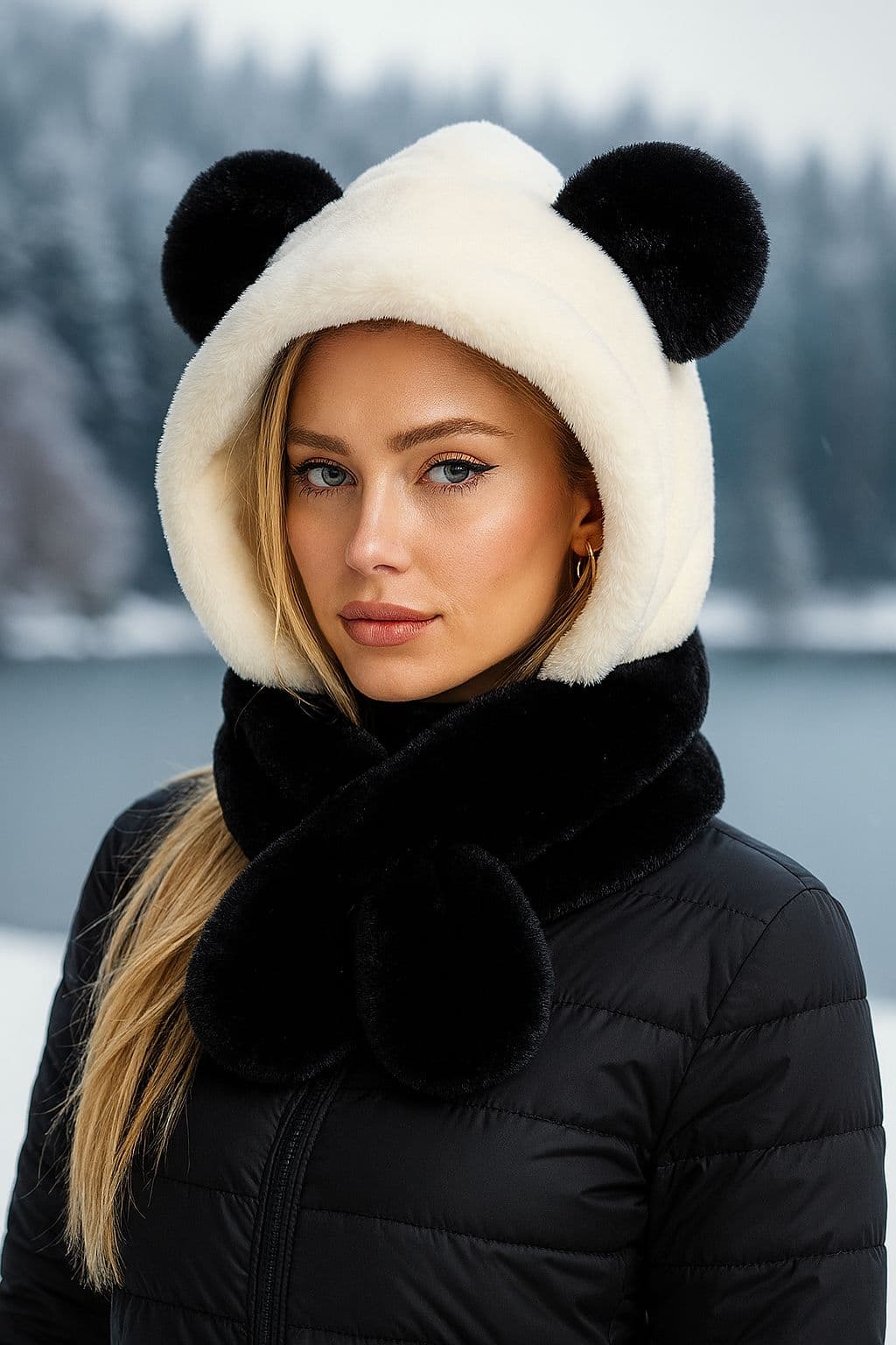 14494 Panda Model Kulaklıklı Siyah Beyaz Peluş Bere görsel 1