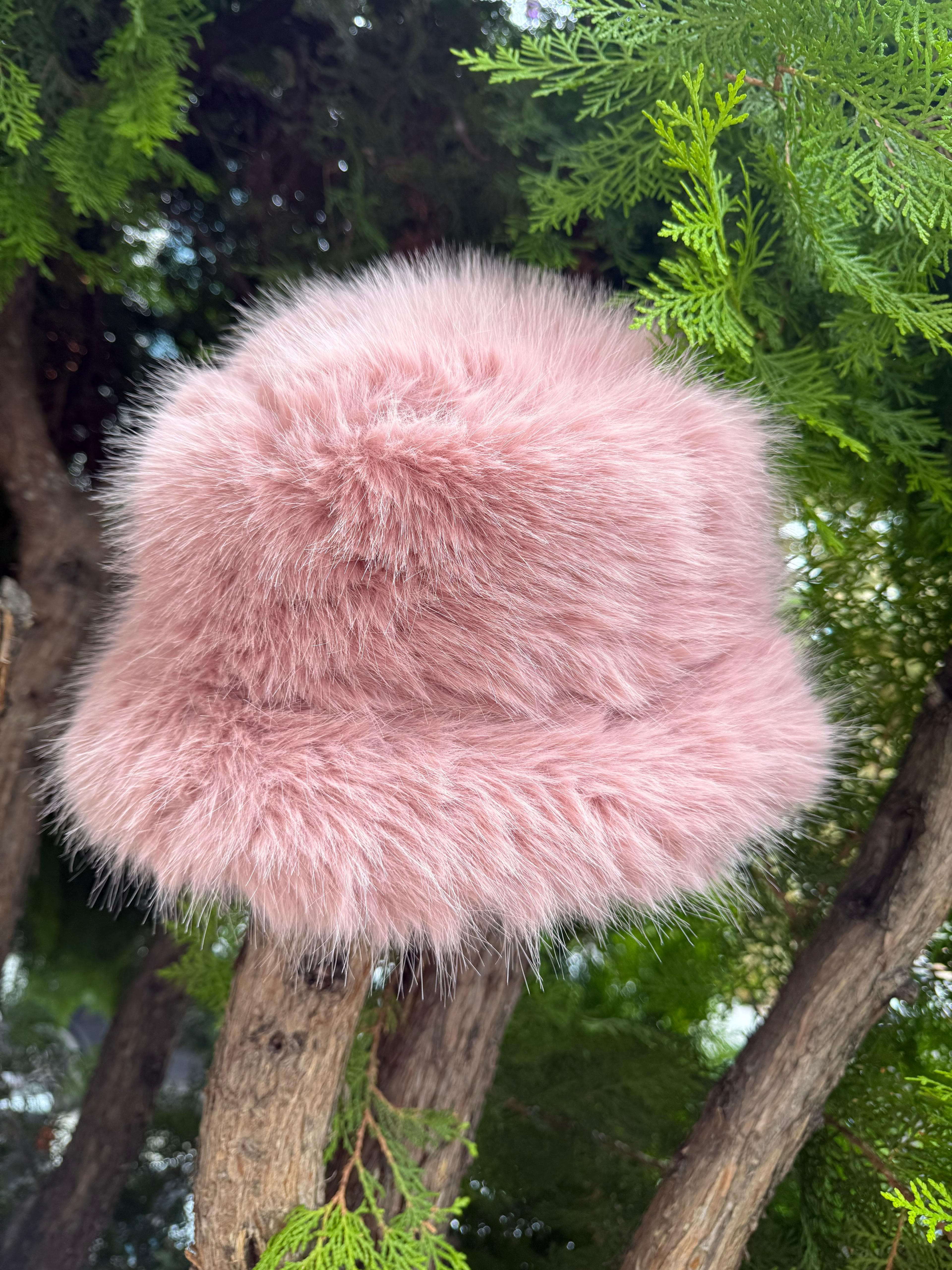 14500 Mango Kumaş Pembe Peluş Kalpak Şapka görsel 2
