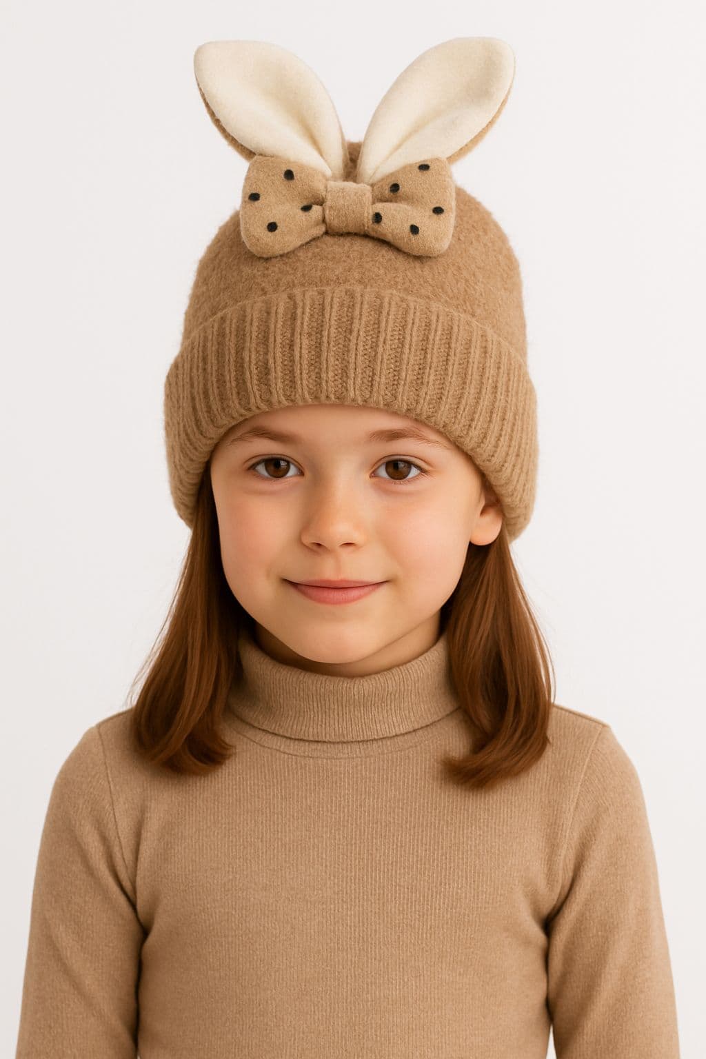 14636 İçi Polarlı Tavşan Kulaklıklı Camel Teddy Kumaş Peluş Bere 5-12 Yaş görsel 1