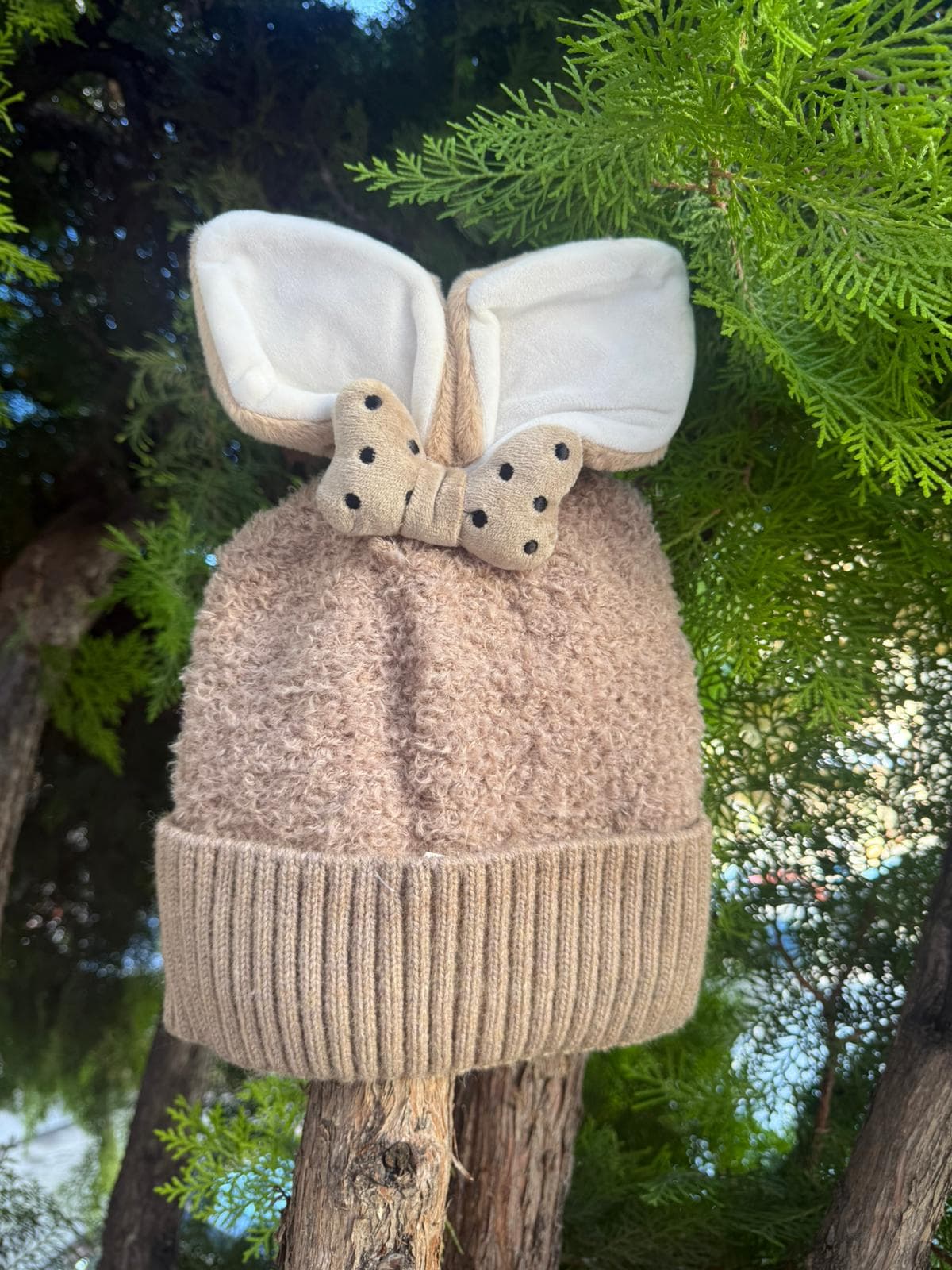 14636 İçi Polarlı Tavşan Kulaklıklı Camel Teddy Kumaş Peluş Bere 5-12 Yaş görsel 2