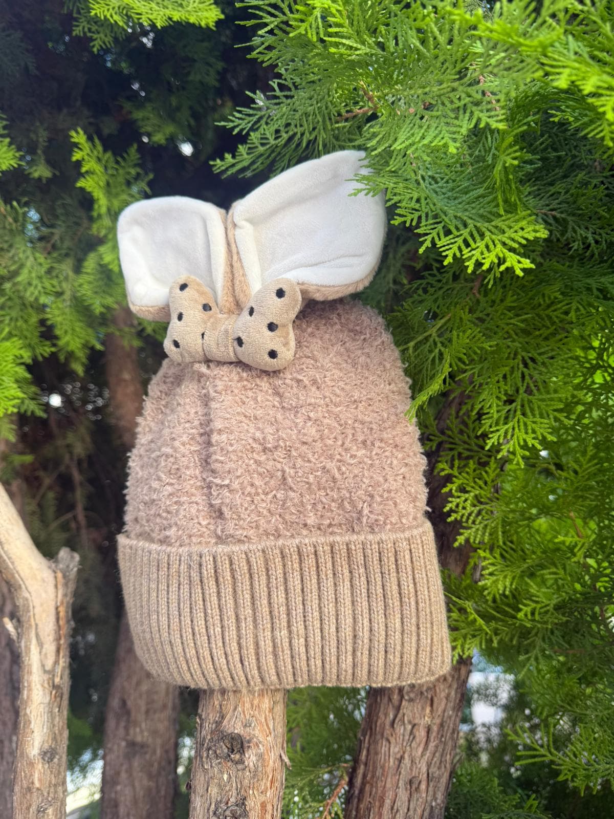 14636 İçi Polarlı Tavşan Kulaklıklı Camel Teddy Kumaş Peluş Bere 5-12 Yaş görsel 3