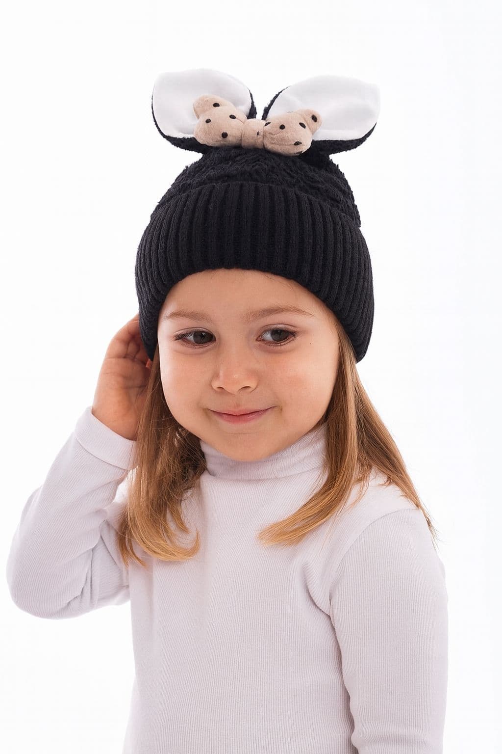 14636 İçi Polarlı Tavşan Kulaklıklı Siyah Teddy Kumaş Peluş Bere 5-12 Yaş görsel 1