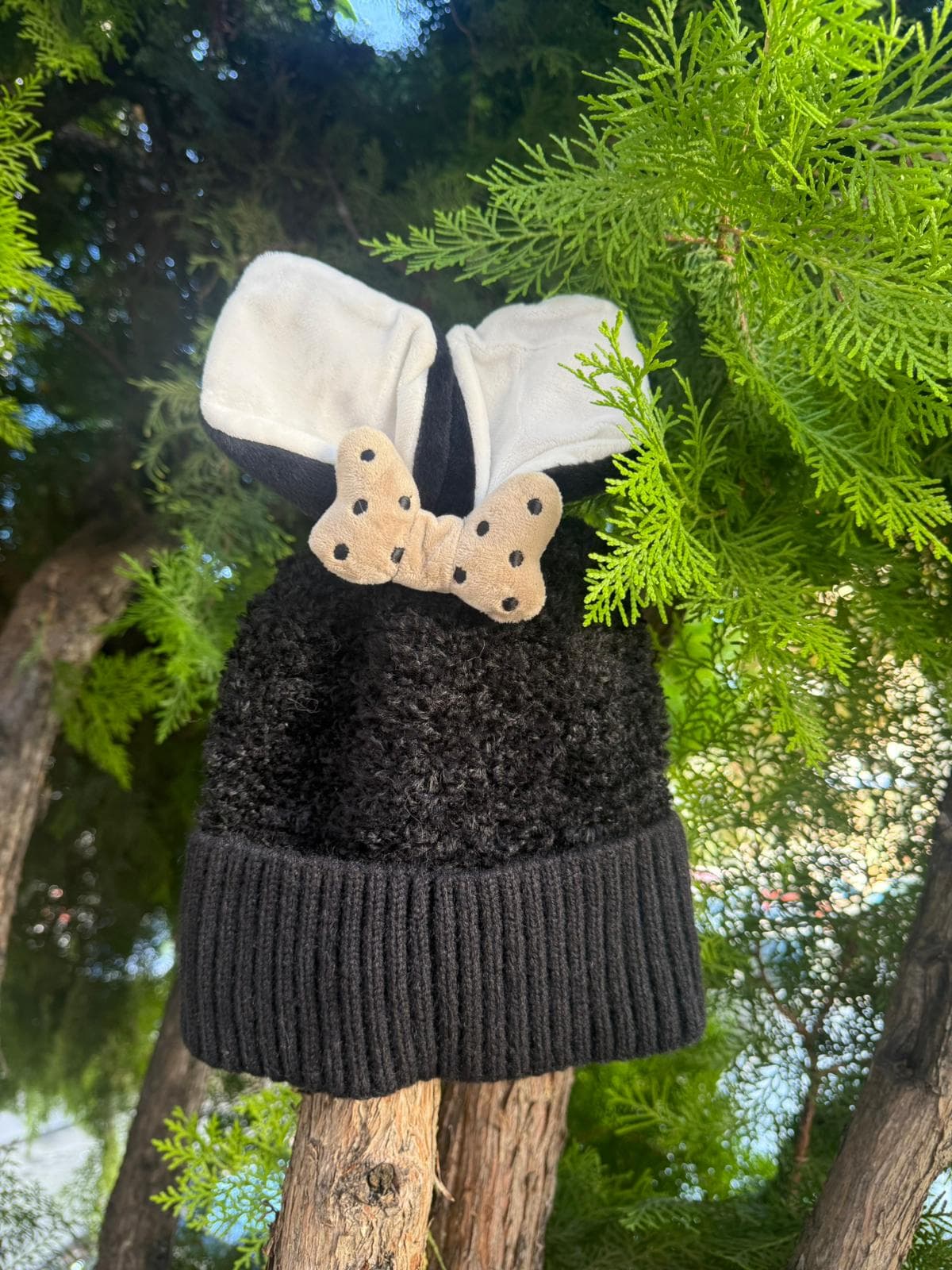 14636 İçi Polarlı Tavşan Kulaklıklı Siyah Teddy Kumaş Peluş Bere 5-12 Yaş görsel 2