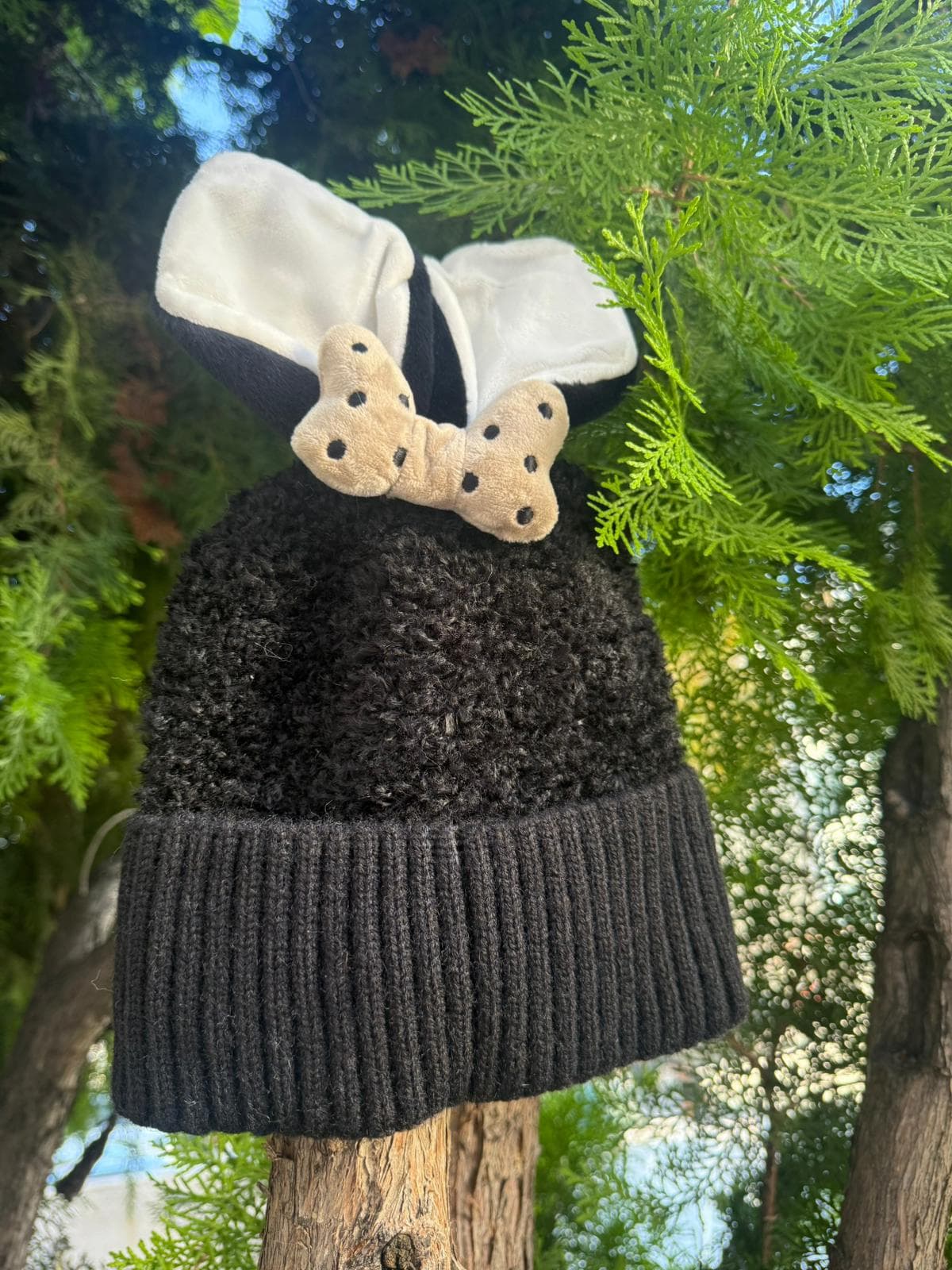 14636 İçi Polarlı Tavşan Kulaklıklı Siyah Teddy Kumaş Peluş Bere 5-12 Yaş görsel 3