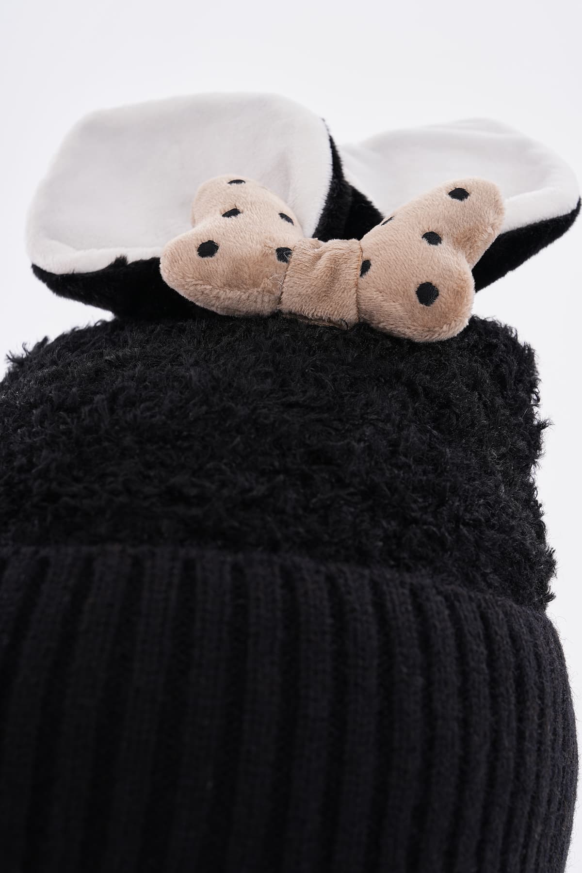 14636 İçi Polarlı Tavşan Kulaklıklı Siyah Teddy Kumaş Peluş Bere 5-12 Yaş görsel 5