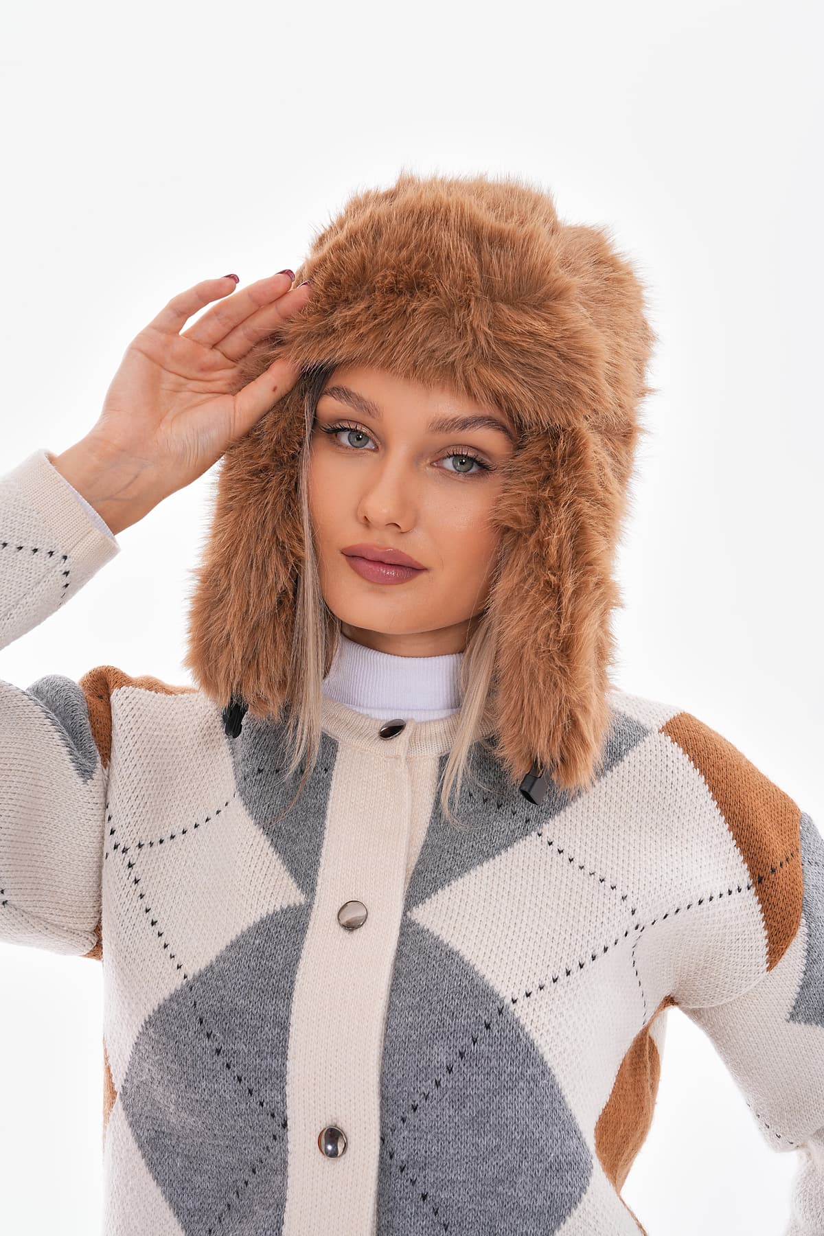14652 Klipsli Peluş Camel Pilot Şapka Bere görsel 3