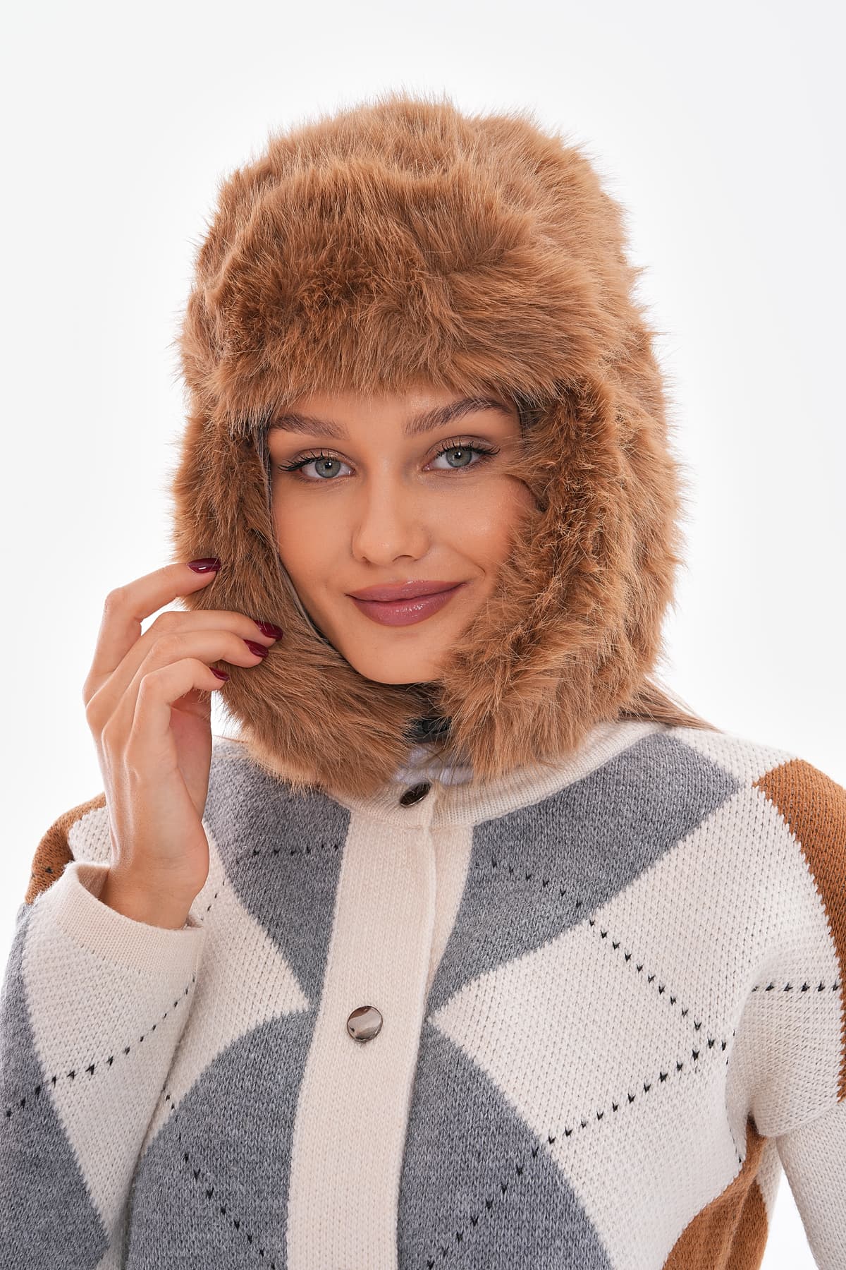 14652 Klipsli Peluş Camel Pilot Şapka Bere görsel 5