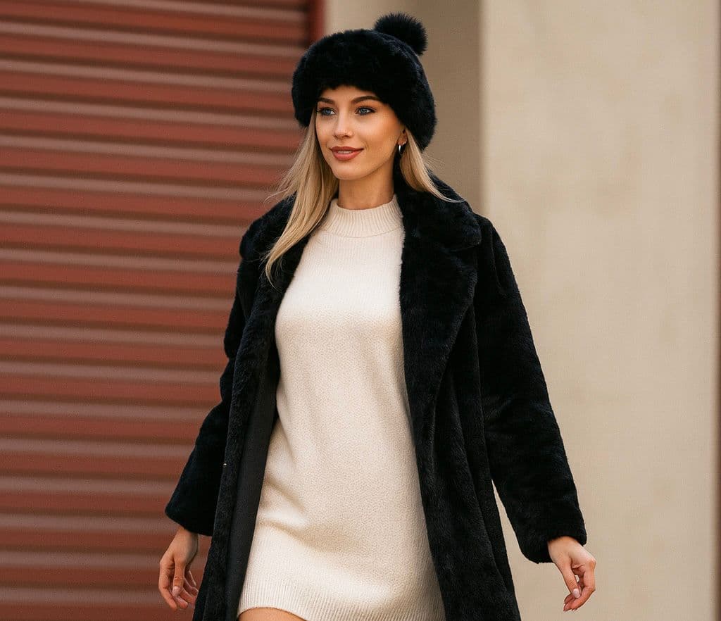14655 Ponponlu Peluş Kürklü Siyah Bere görsel 3