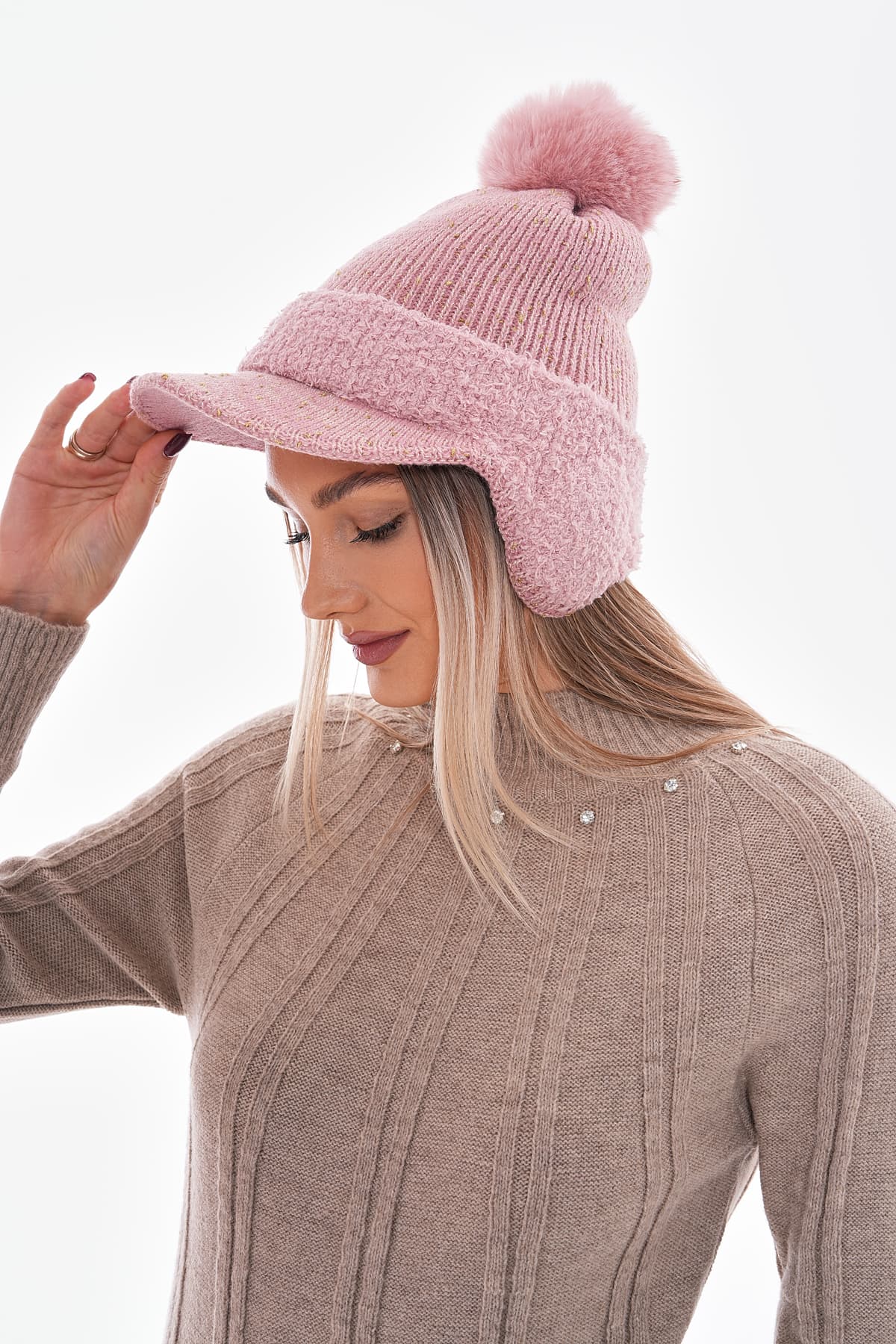 14663 Ponponlu Kulak Kapatıcılı Siperli Pembe Kep Şapka görsel 1