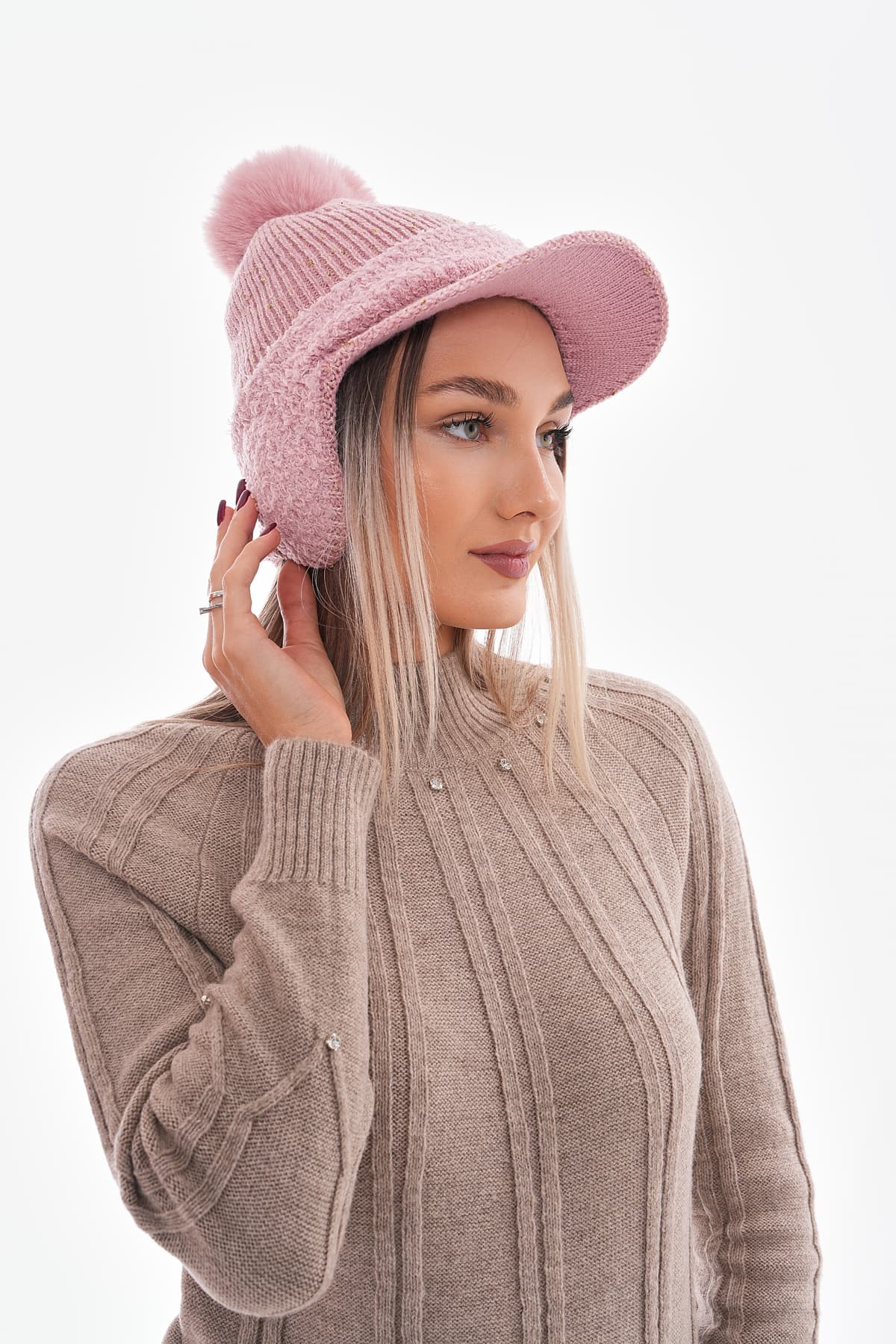 14663 Ponponlu Kulak Kapatıcılı Siperli Pembe Kep Şapka görsel 3