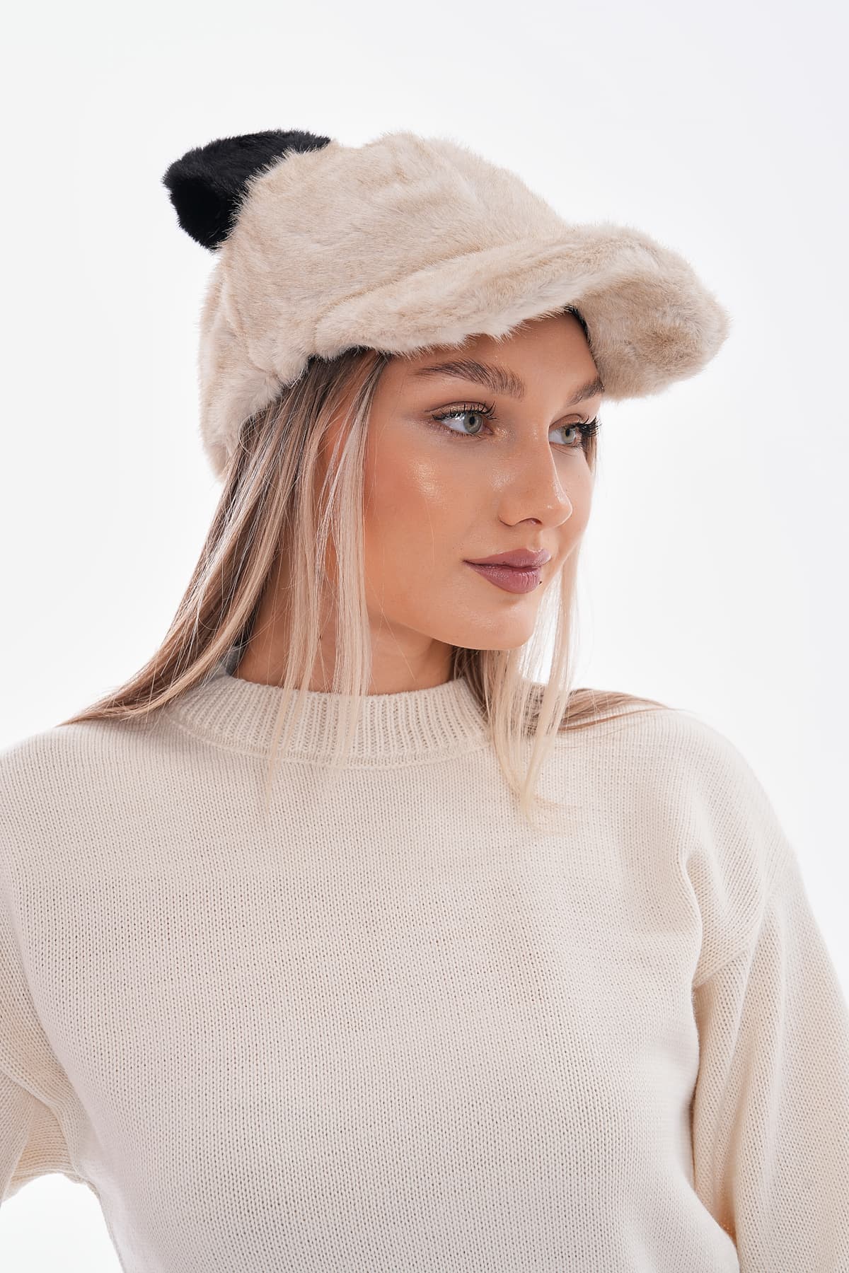 14666 Tavşan Kulaklıklı Bej Peluş Kep görsel 4