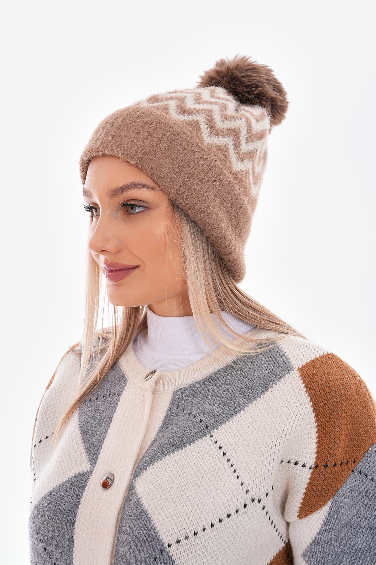 14447 Zigzag Desenli Camel Triko Yumuşak Dokulu Örgülü Yünlü Bere görsel 2