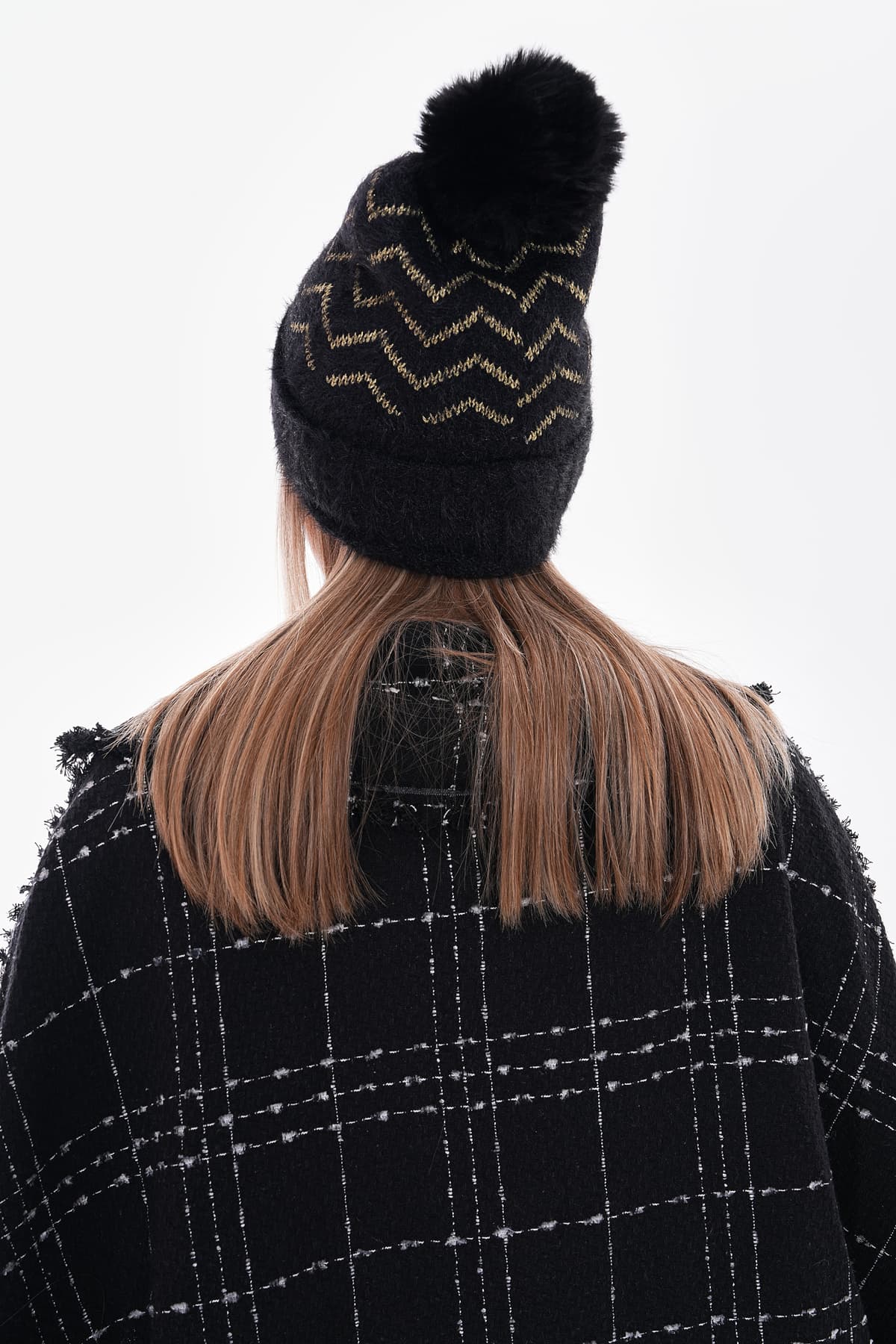 14679 Ponponlu Zigzag Desenli Siyah Bere görsel 4