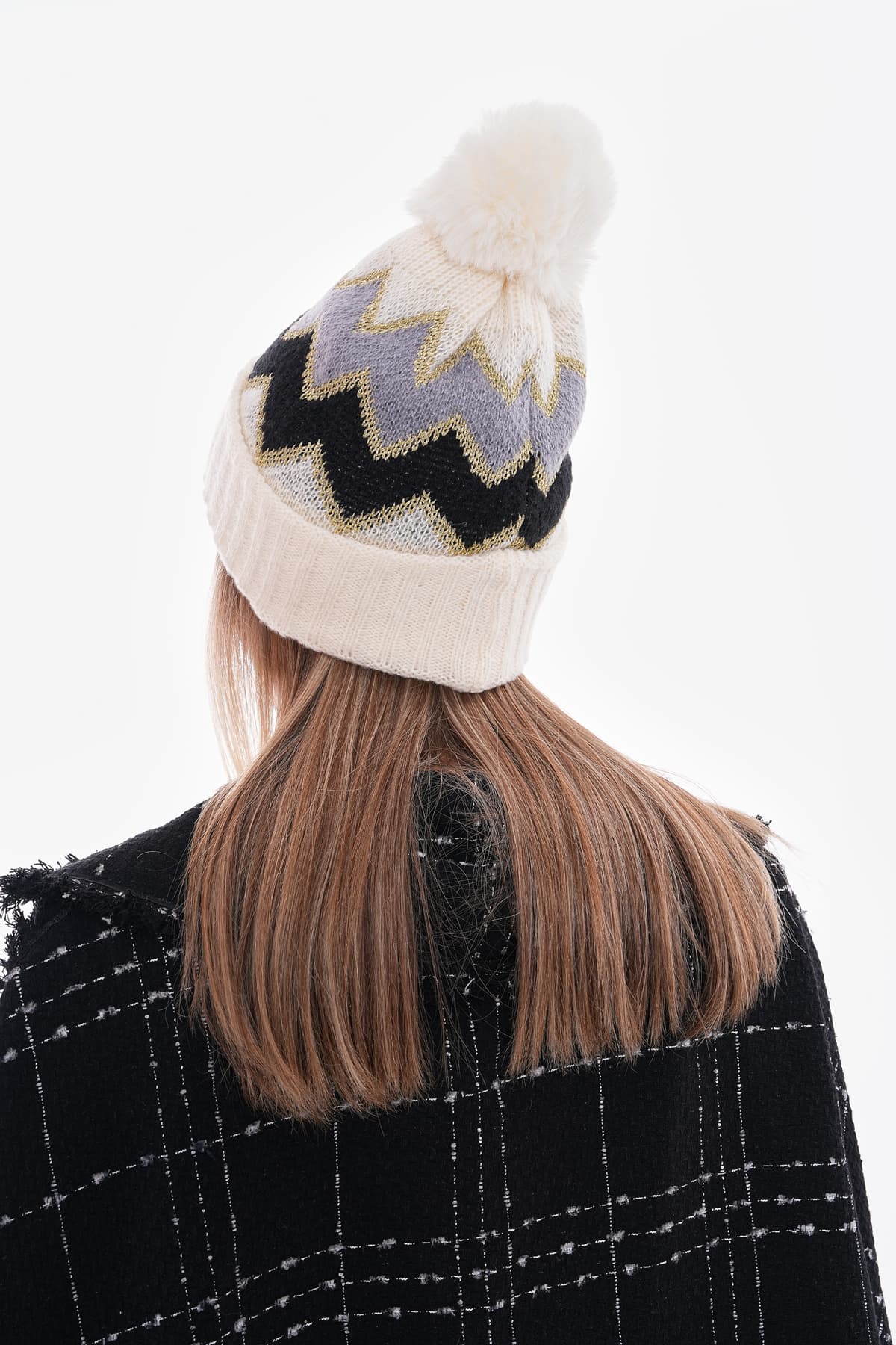 14680 Ponponlu Zigzag Desenli Ekru Bere görsel 4