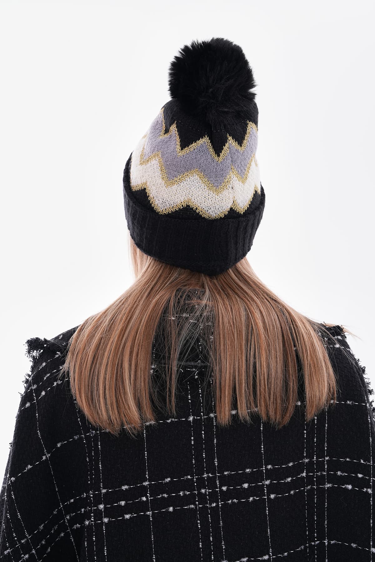 14680 Ponponlu Zigzag Desenli Siyah Gri Bere görsel 4