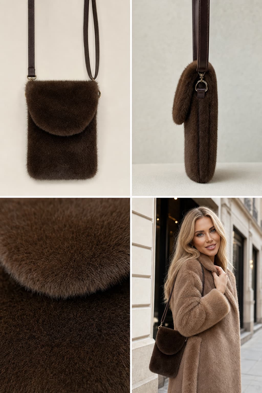 NWC-036 Peluş Kahverengi Mıknatıslı Mini Çanta görsel 3