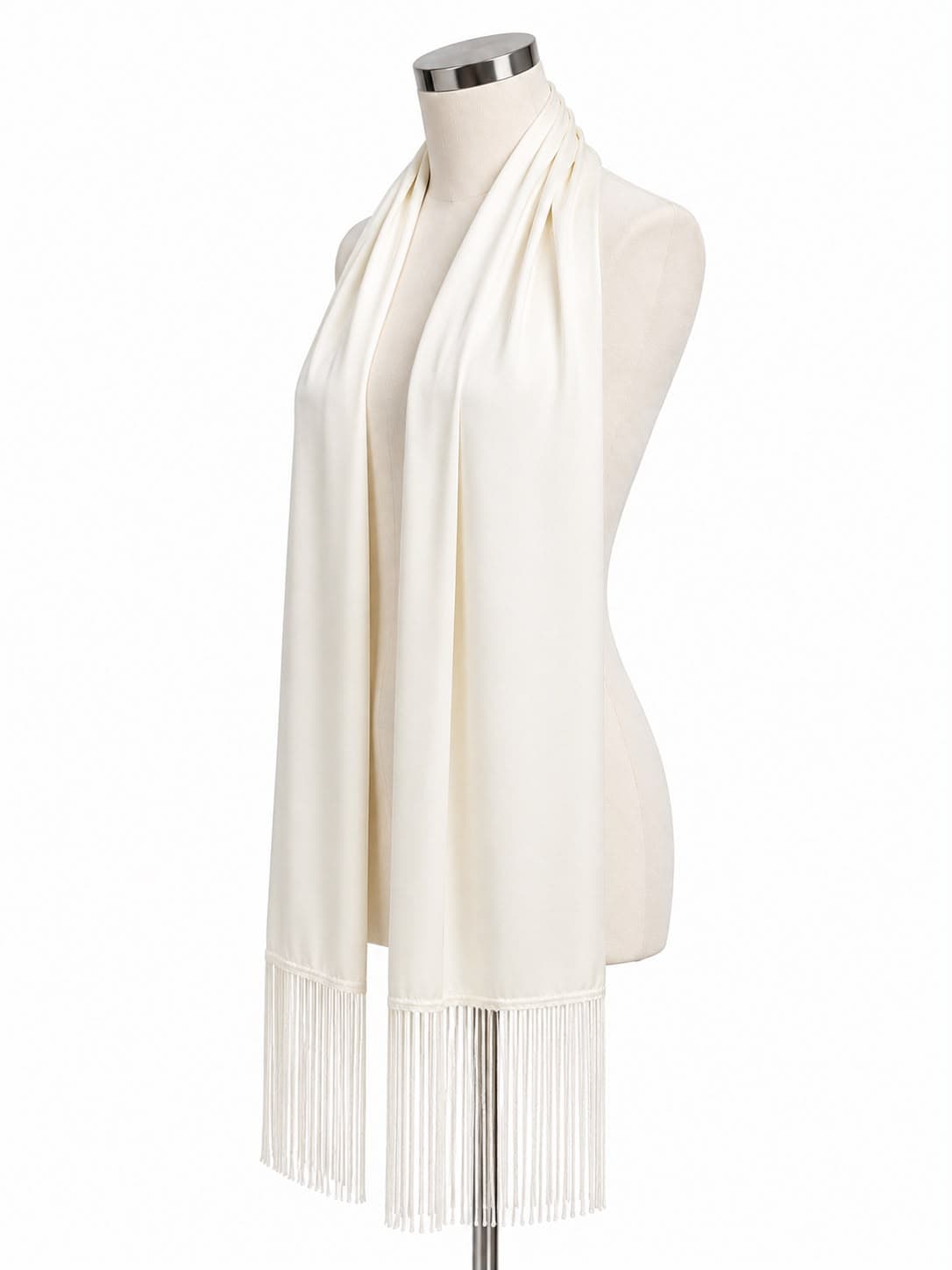S086 Ekru Püsküllü Şal Atkı 170x16 cm görsel 5
