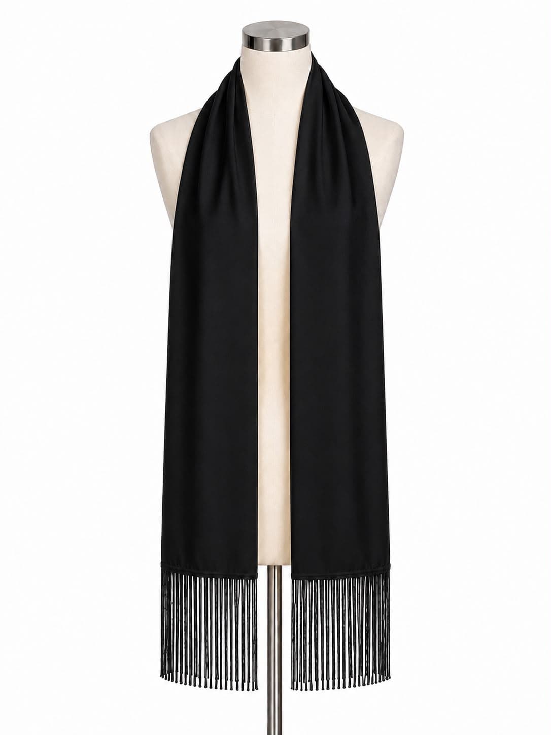 S086 Siyah Püsküllü Şal Atkı 170x16 cm görsel 4