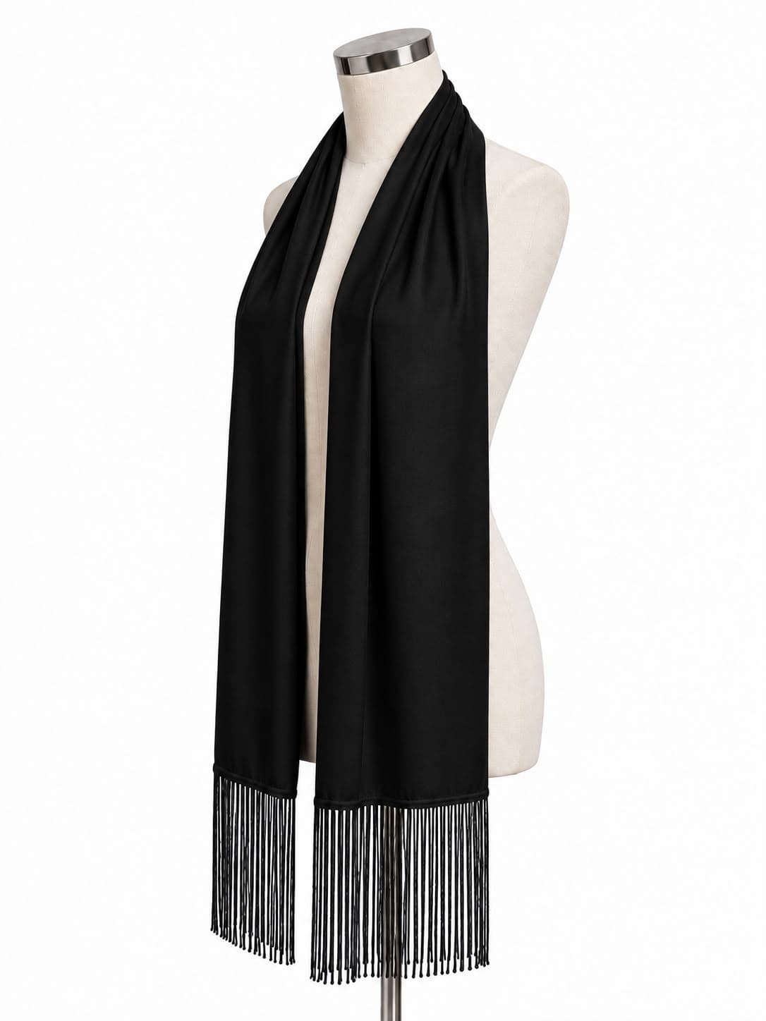 S086 Siyah Püsküllü Şal Atkı 170x16 cm görsel 5