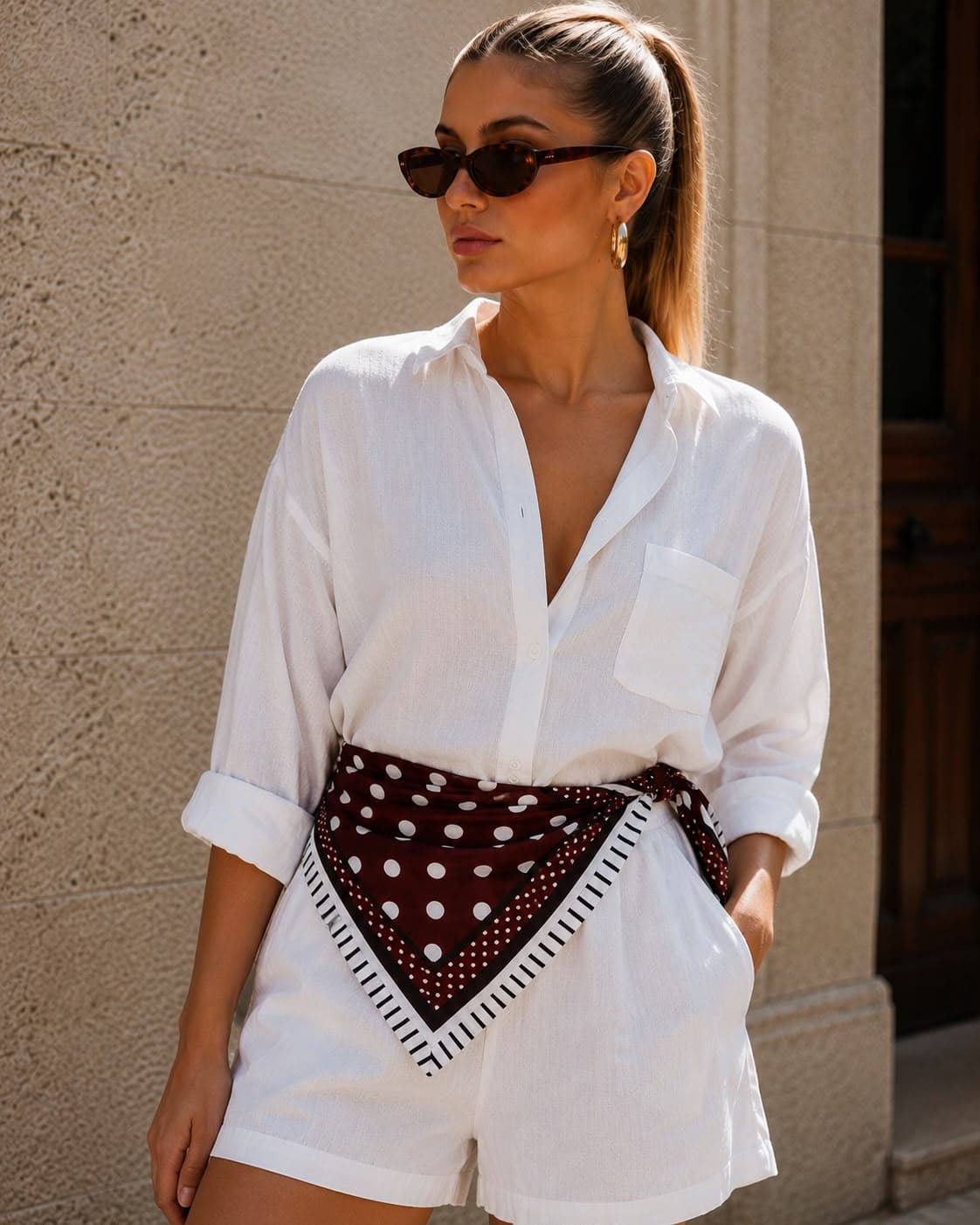15408-7 Puantiyeli Kahverengi Bandana Fular 70x70 cm görsel 3