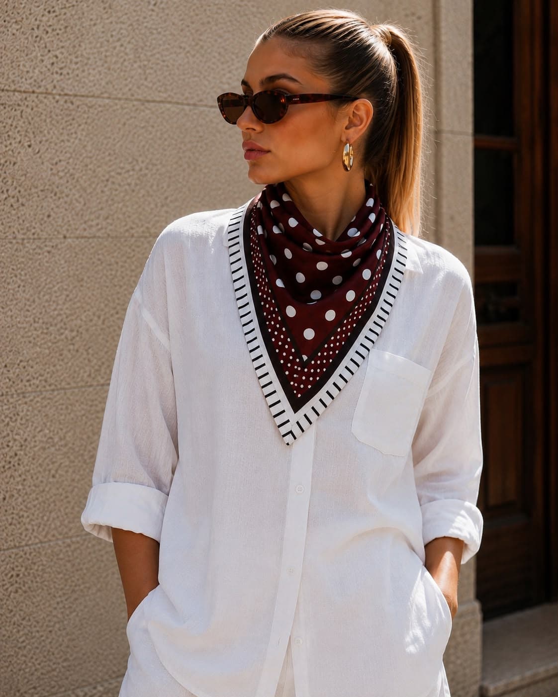 15408-7 Puantiyeli Kahverengi Bandana Fular 70x70 cm görsel 4